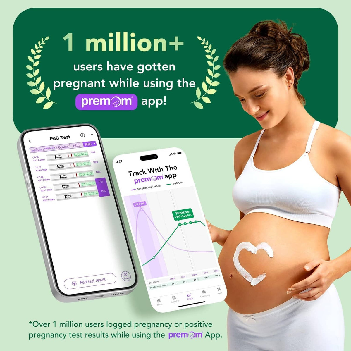 App tracking graphic with woman and PdG urine test chart on phone