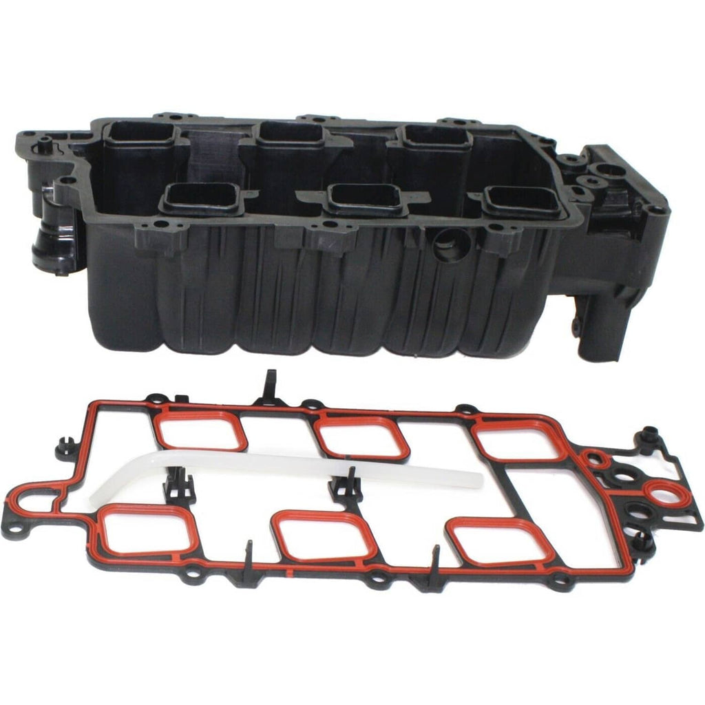 Upper intake manifold and red gasket on a black intake housing, side-by-side view