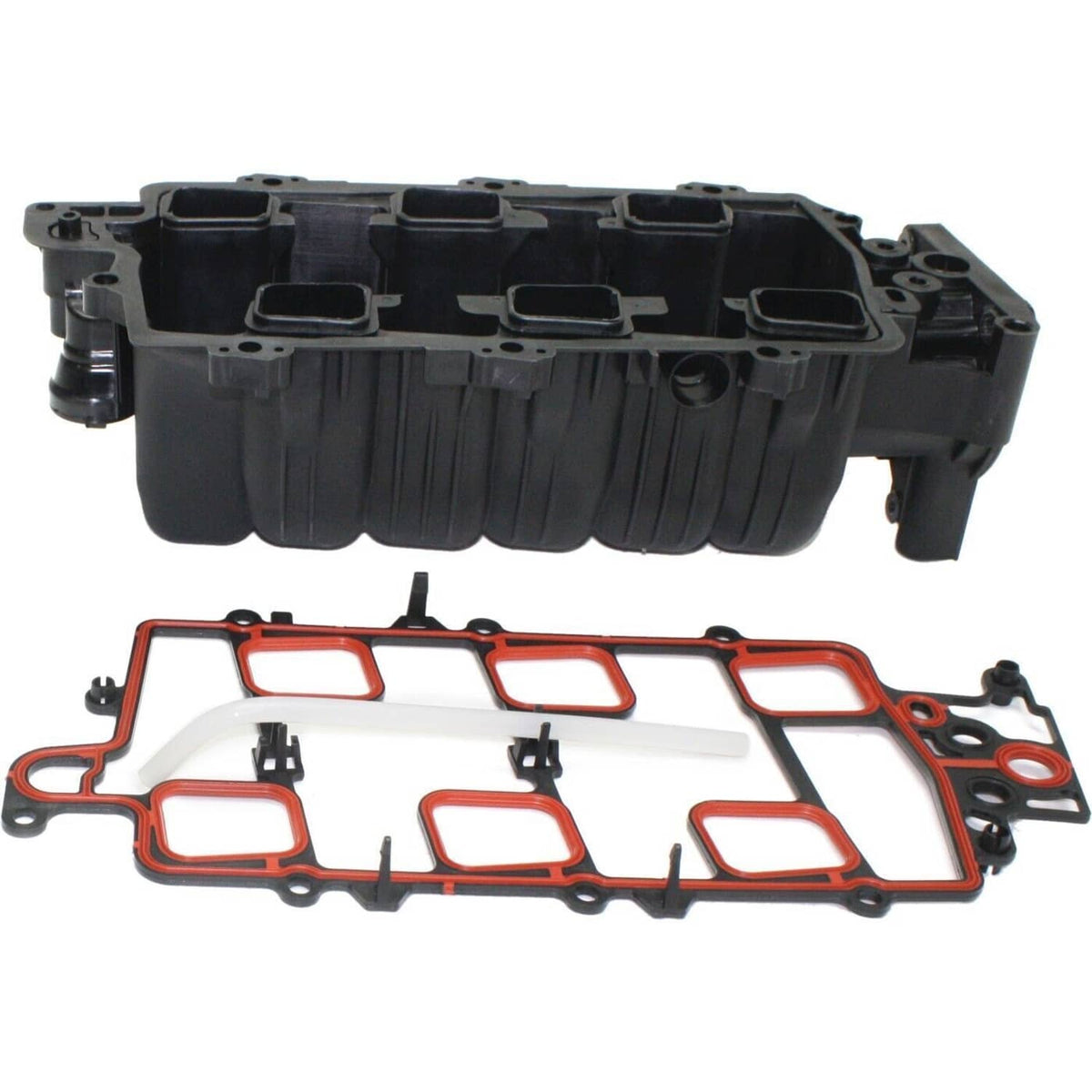 Upper intake manifold and red gasket on a black intake housing, side-by-side view