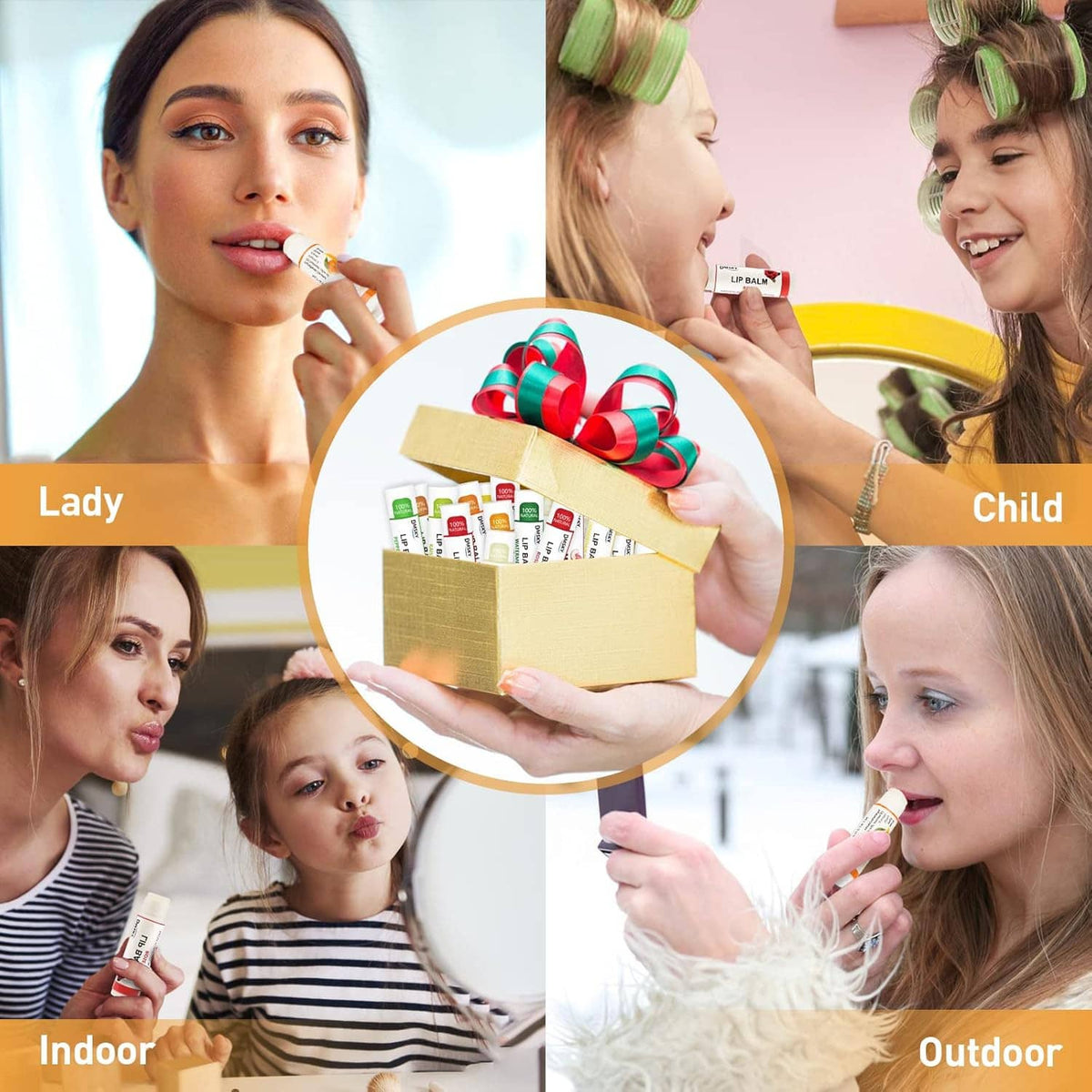 Lip balm gift set collage showing adult and child applying balm from tubes