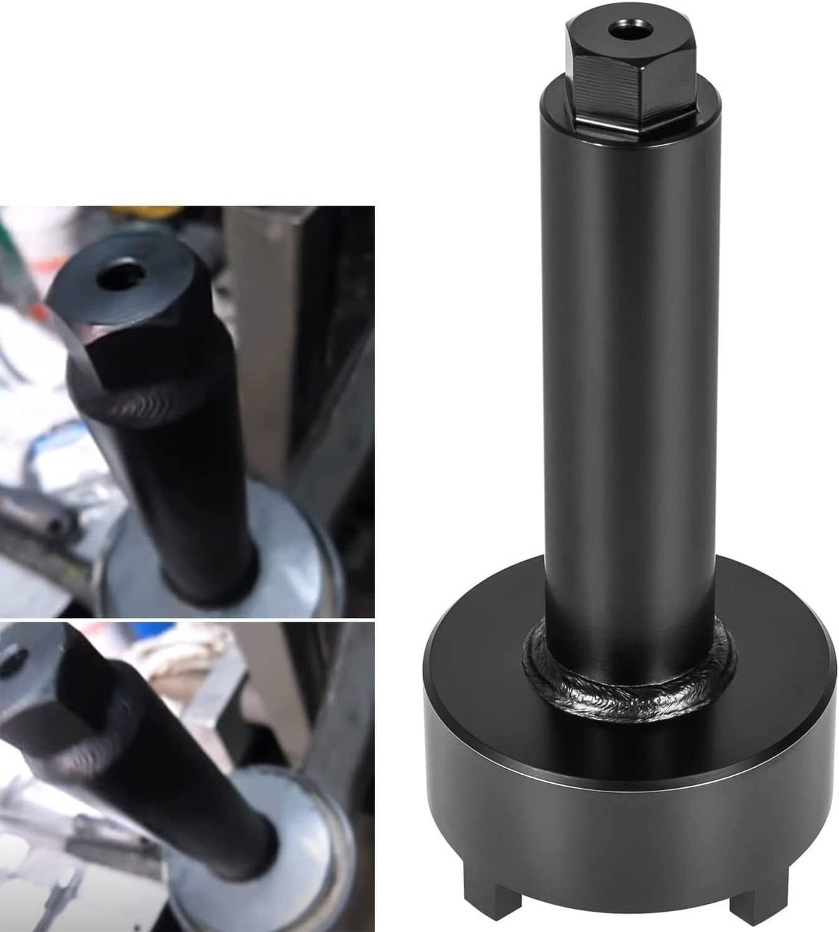 Black metal bearing carrier retainer wrench tool with flange base and hex drive top