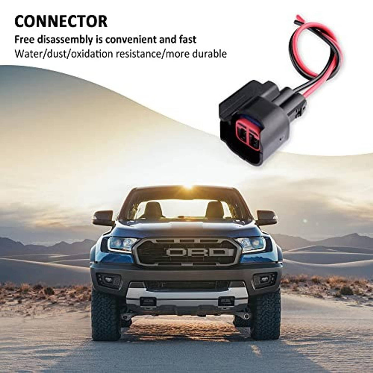Fuel injector connector set with two plugs and red/black wires, gray housings and red ports