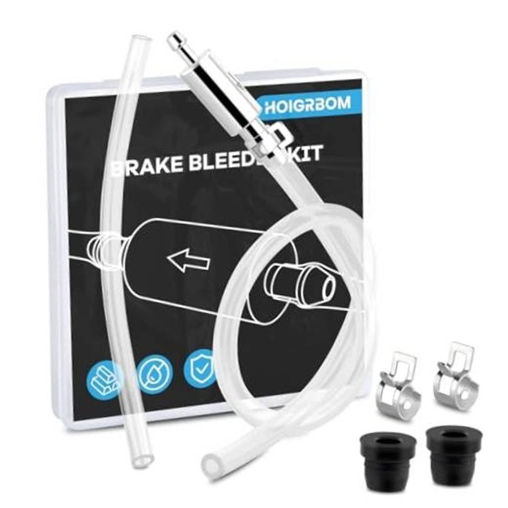 Brake bleeder hose kit with clear PVC tubing, check valve, clamps, and vent caps