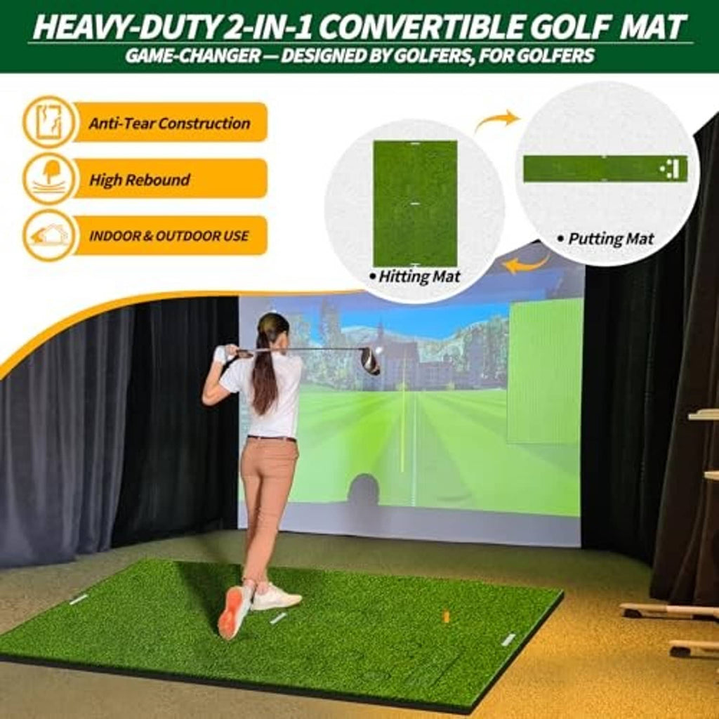 Green convertible golf hitting and putting turf mat with hole targets