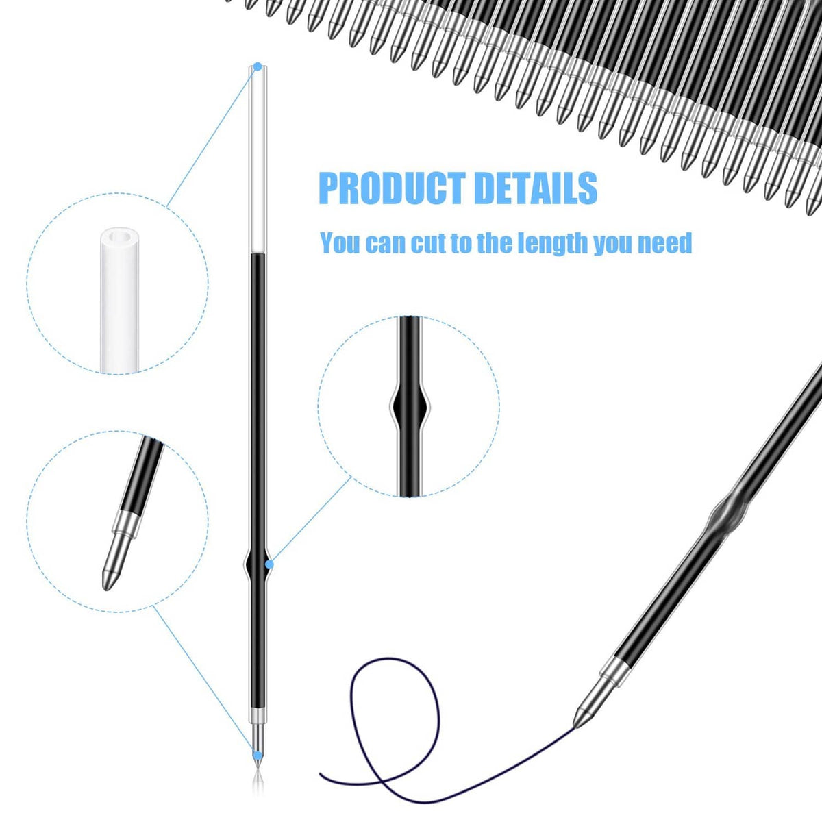 Retractable pen refill, cut-to-length slim shaft with clear tip, black barrel