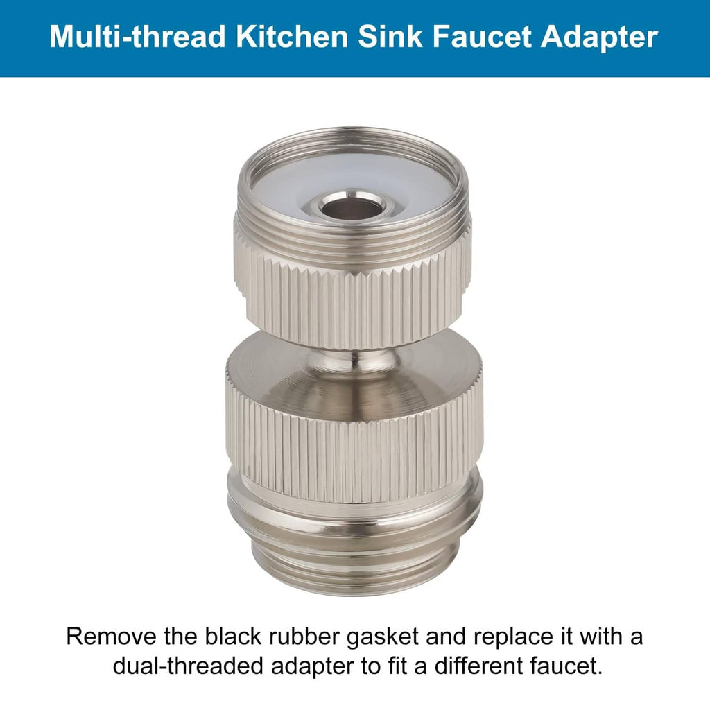 Brushed nickel sink faucet adapter with black rubber gasket and dual-thread design
