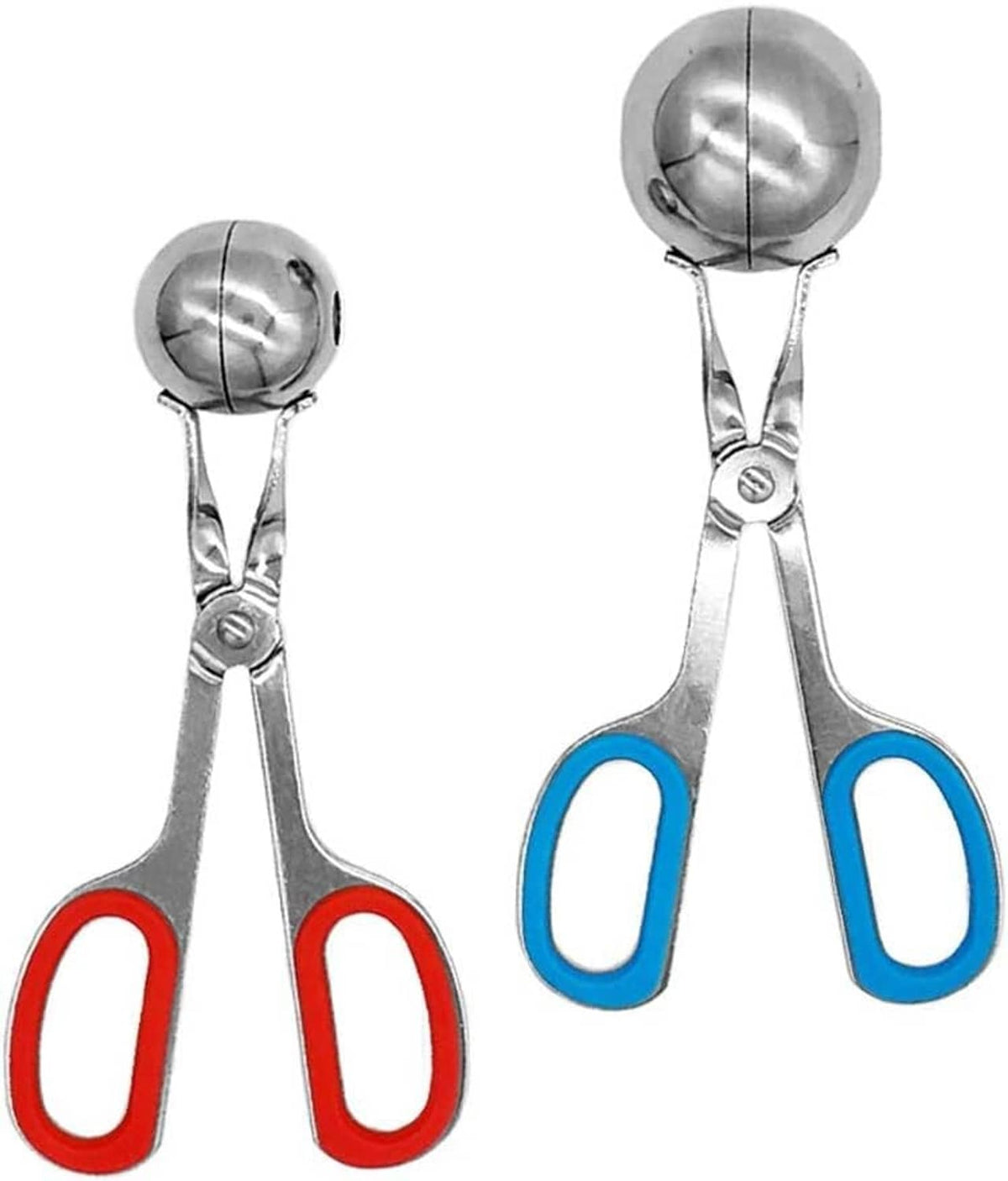Two stainless meatball maker scoops with red and blue anti-slip handle grips.