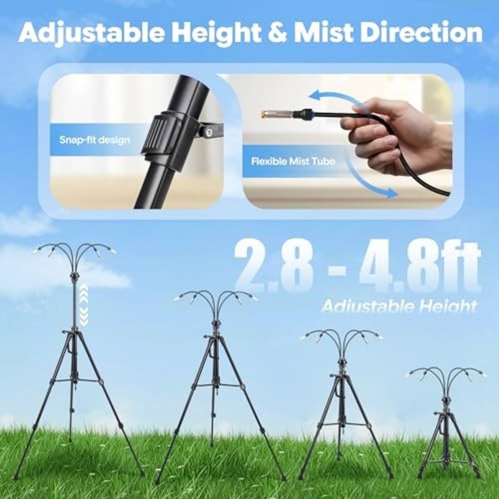 Adjustable tripod misting stand with flexible mist tube and hand connection