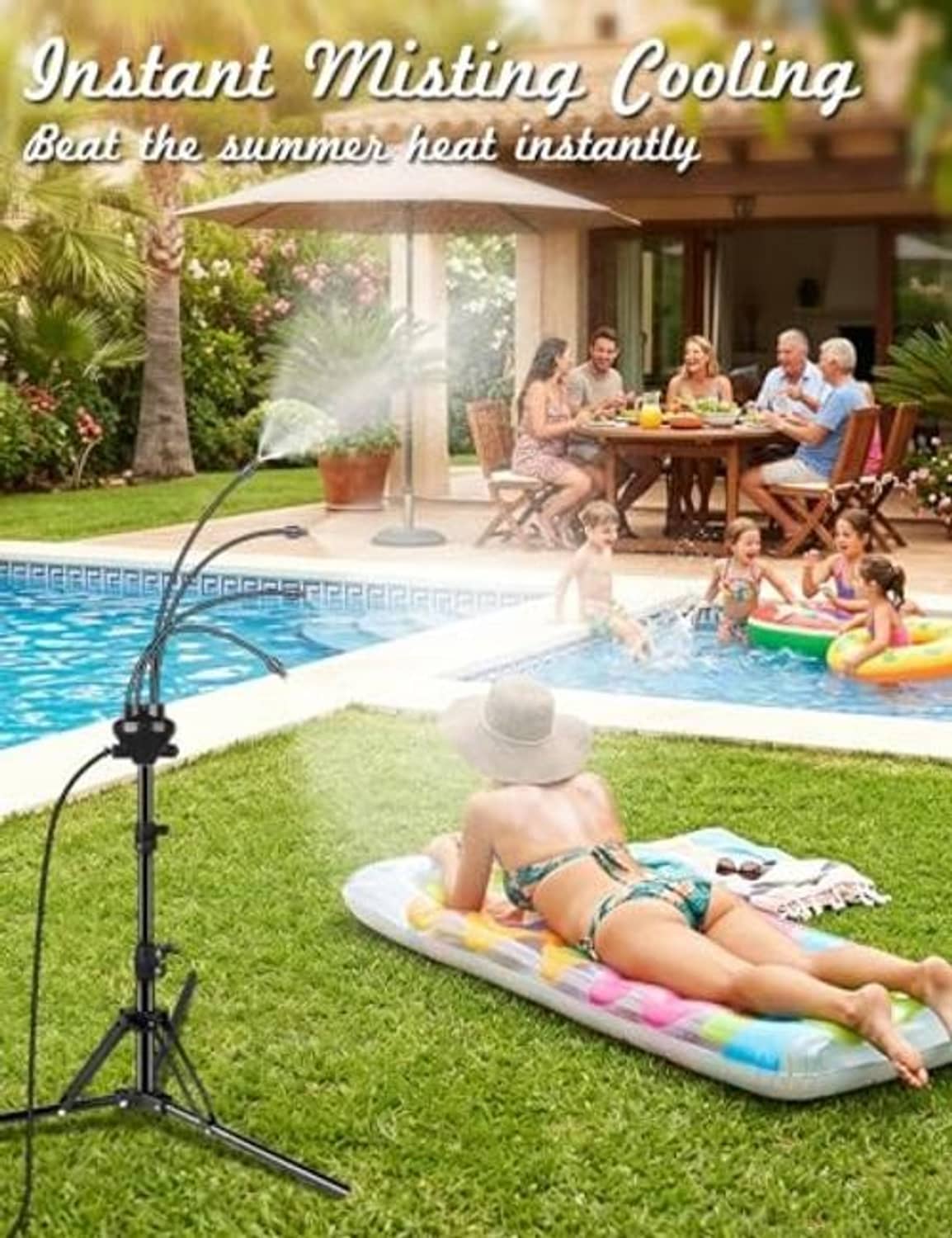 Black standing misting system spraying near poolside lawn with tripod base
