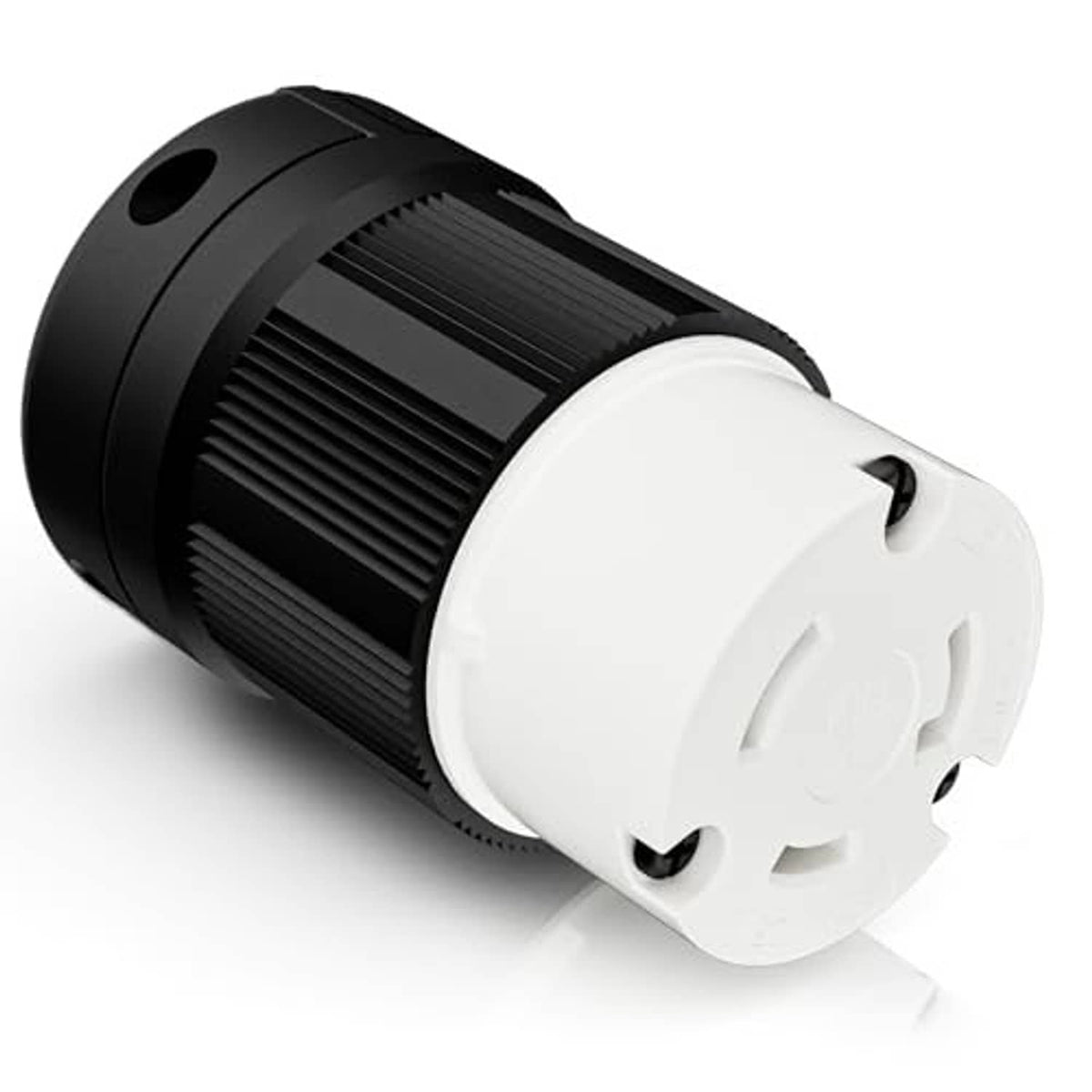 Twist-lock generator adapter female plug, black textured grip and white outlet face