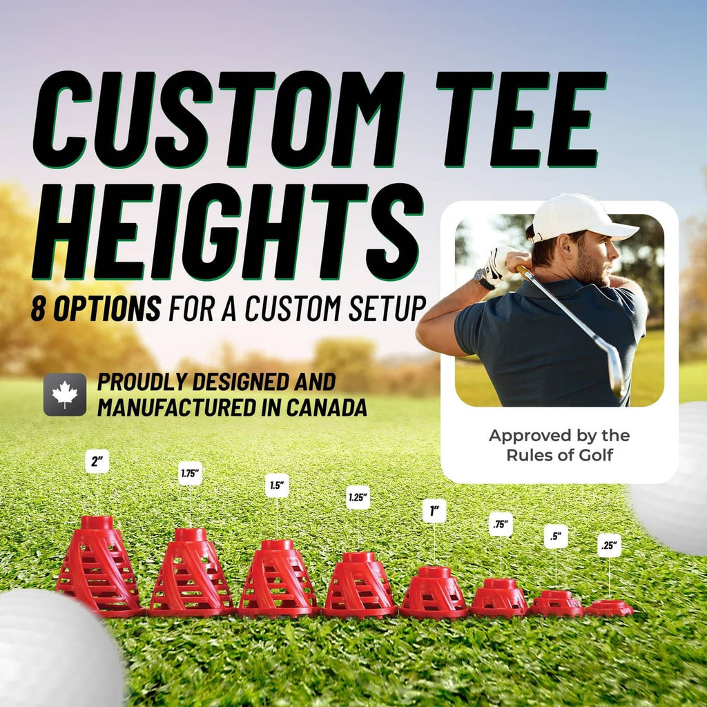 Blue golf tees pack with multiple tee height options shown