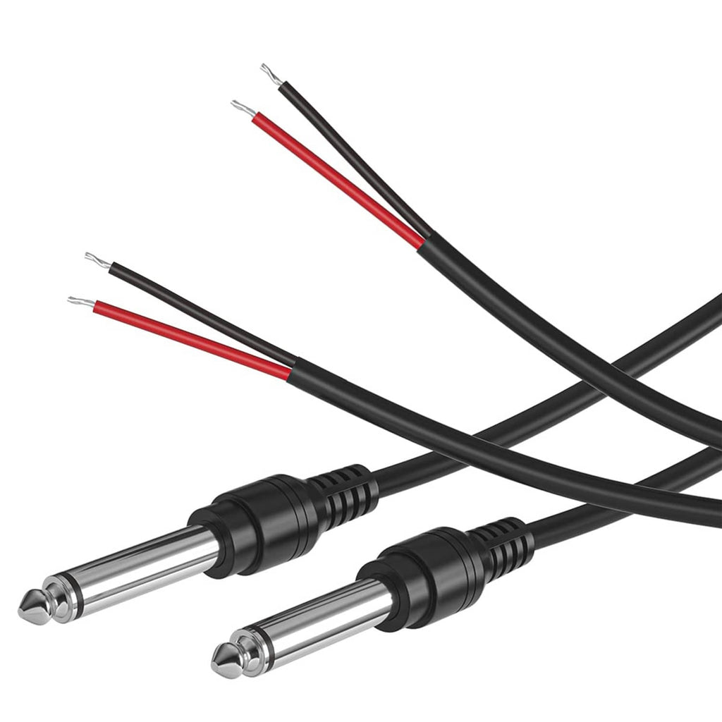 2-pack 6.35mm male plug to bare wire audio cables, black jacket with red/black conductors