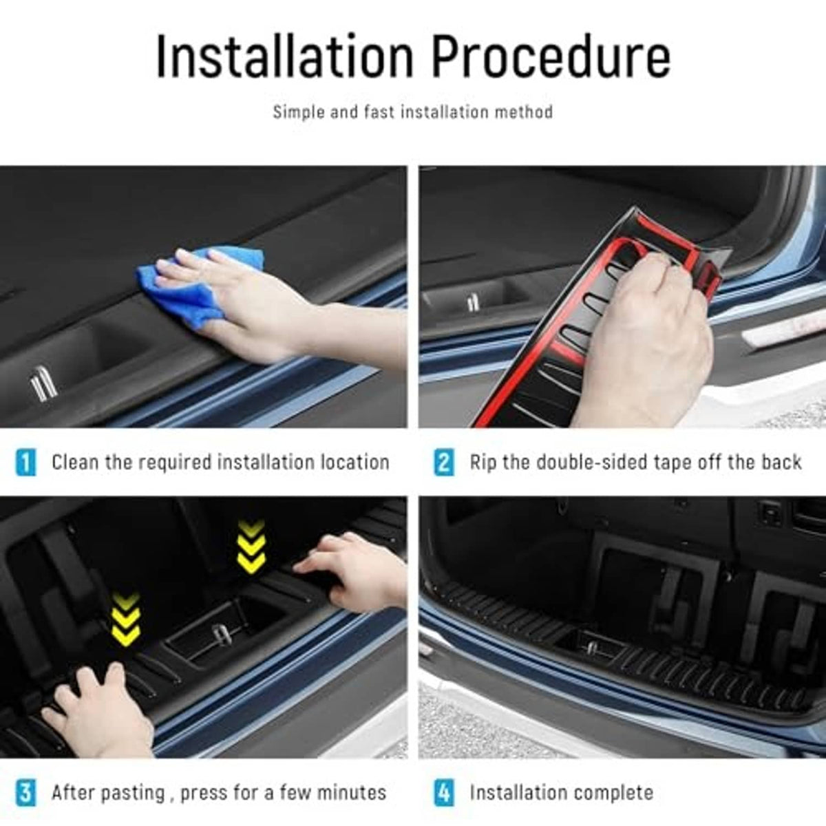 Interior bumper protector installation using double-sided tape on ribbed black panel