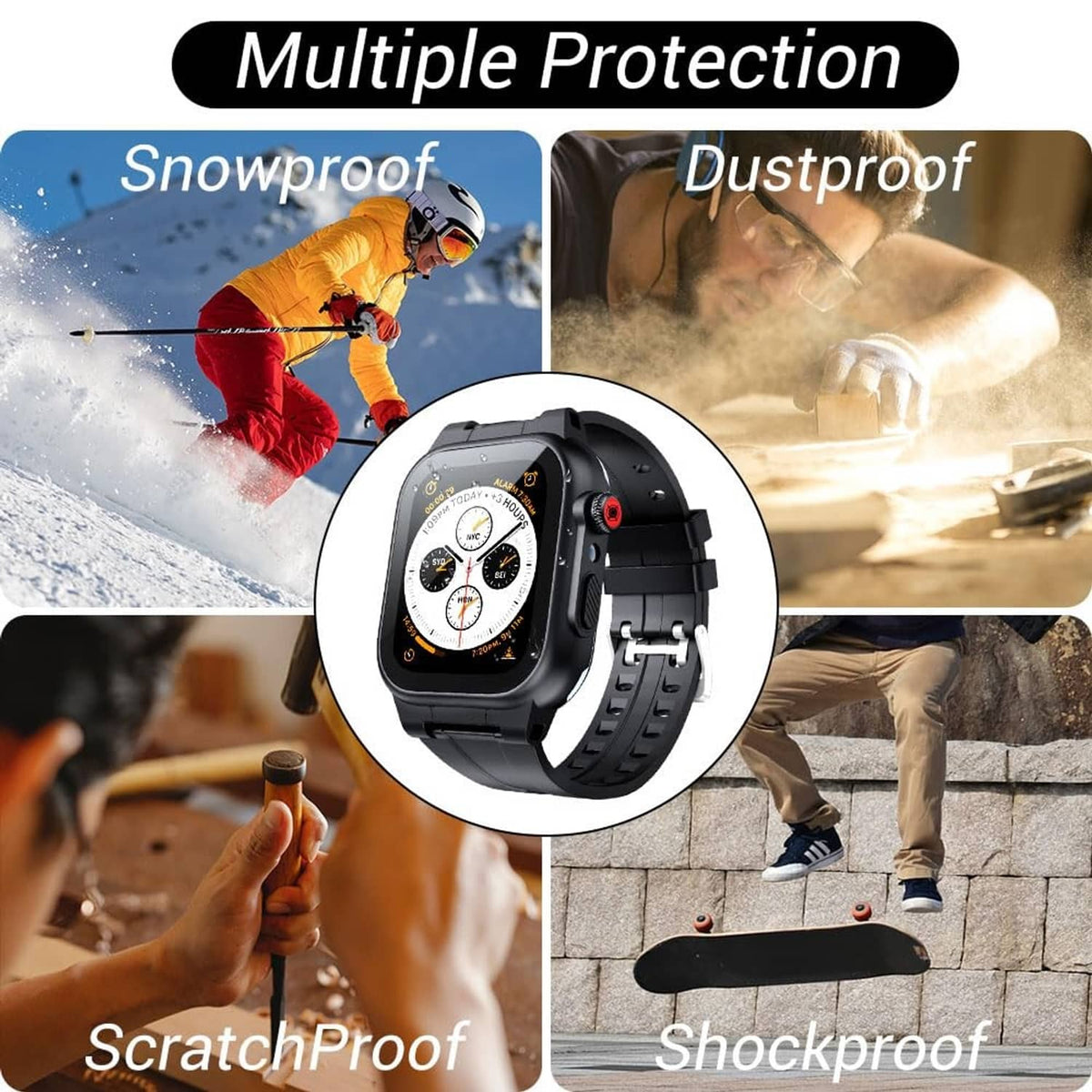 Black rugged waterproof smartwatch case with shockproof, dustproof protective frame