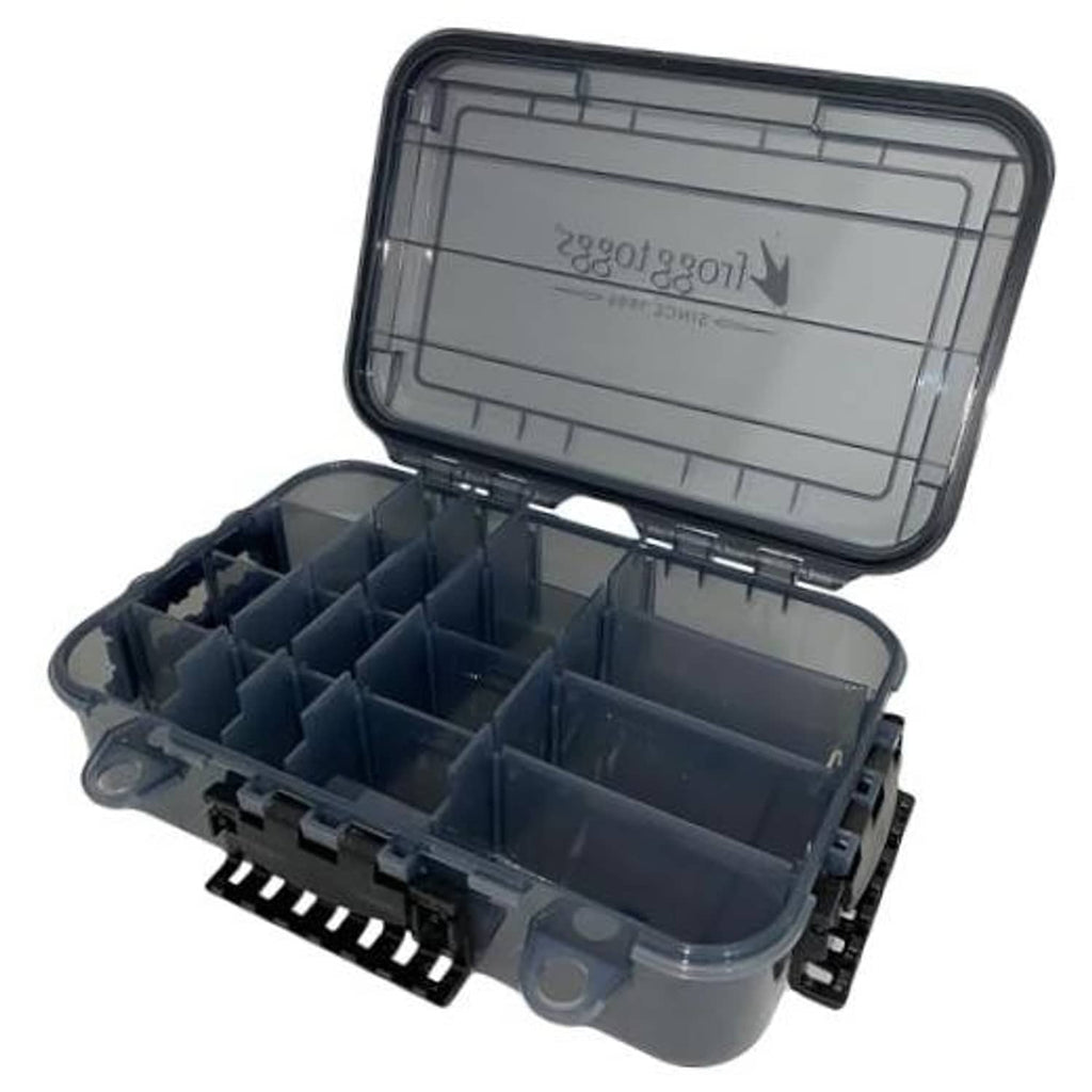 Dark blue waterproof utility box with clear hinged lid and removable divider trays