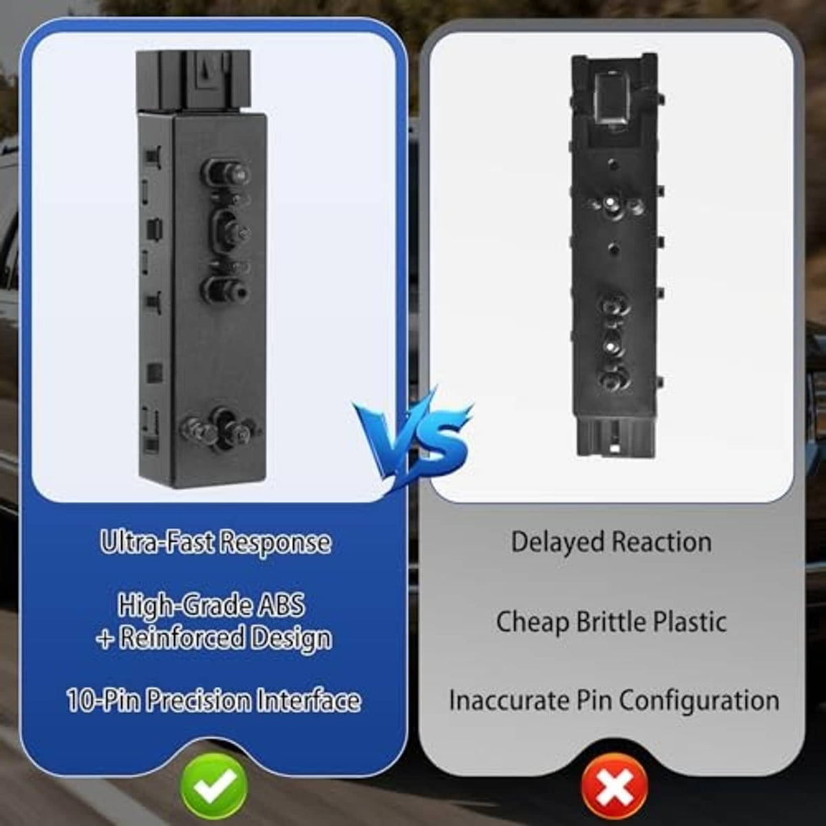 Power seat switch module comparison view, dark gray housing with port and pin layout.