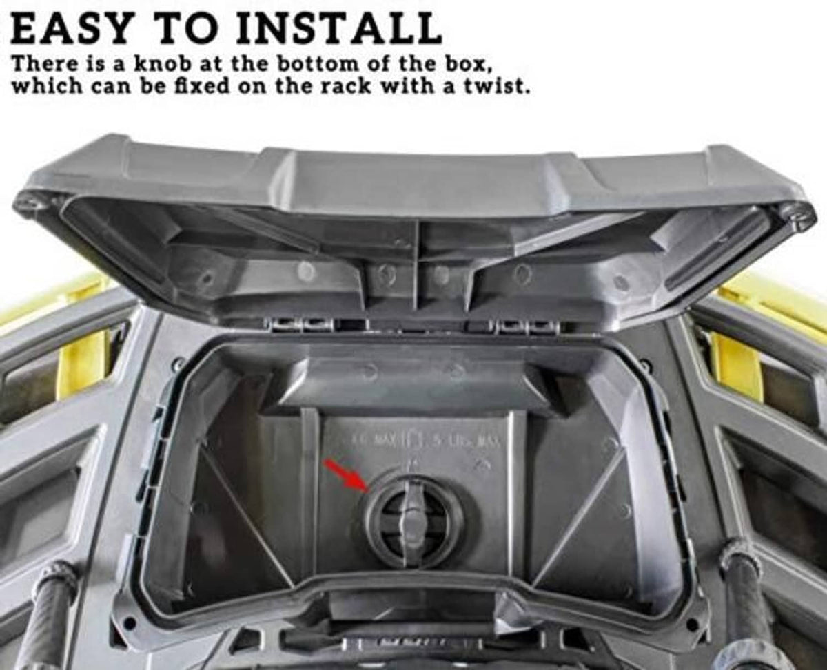 Bottom of ATV storage box with latch knob and mounting hardware for rack