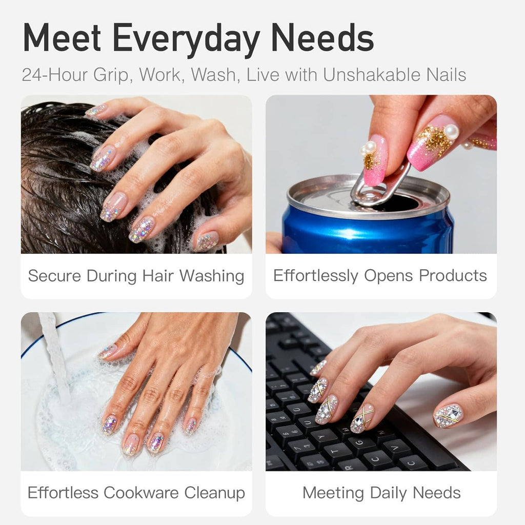 Nail glue gel infographic with hands using gel for grip, opening products, and daily tasks