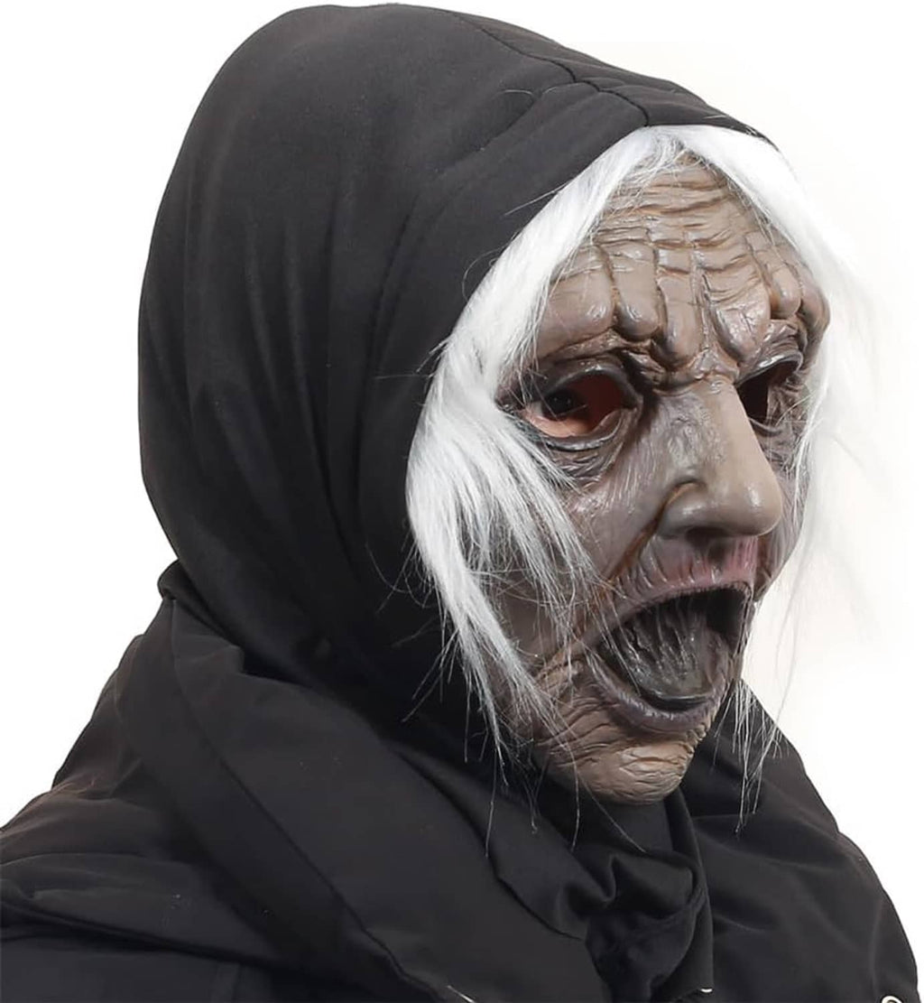 Aged face mask with pale wrinkled skin, white wig, black hood, side glance