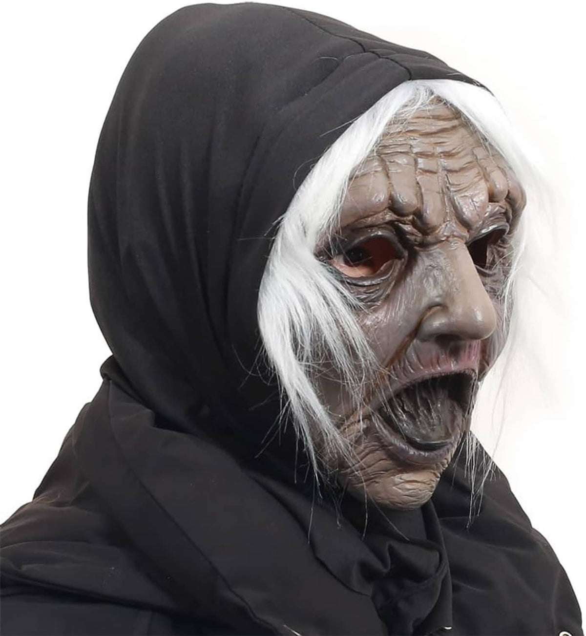 Aged face mask with pale wrinkled skin, white wig, black hood, side glance