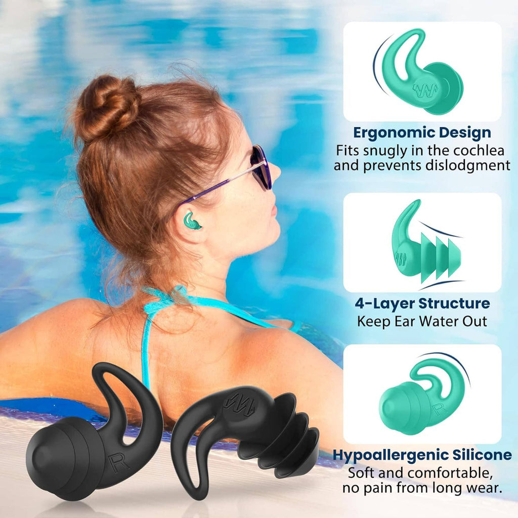 Teal silicone swimming ear plug with ear-wing fit on adult at pool