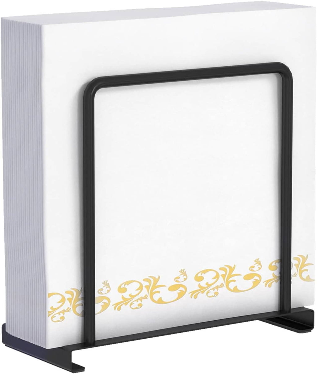 Standing metal napkin holder with black rectangular frame and base
