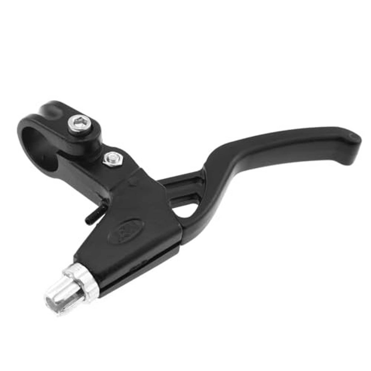 Black bicycle extended brake lever with silver rod and bolt details