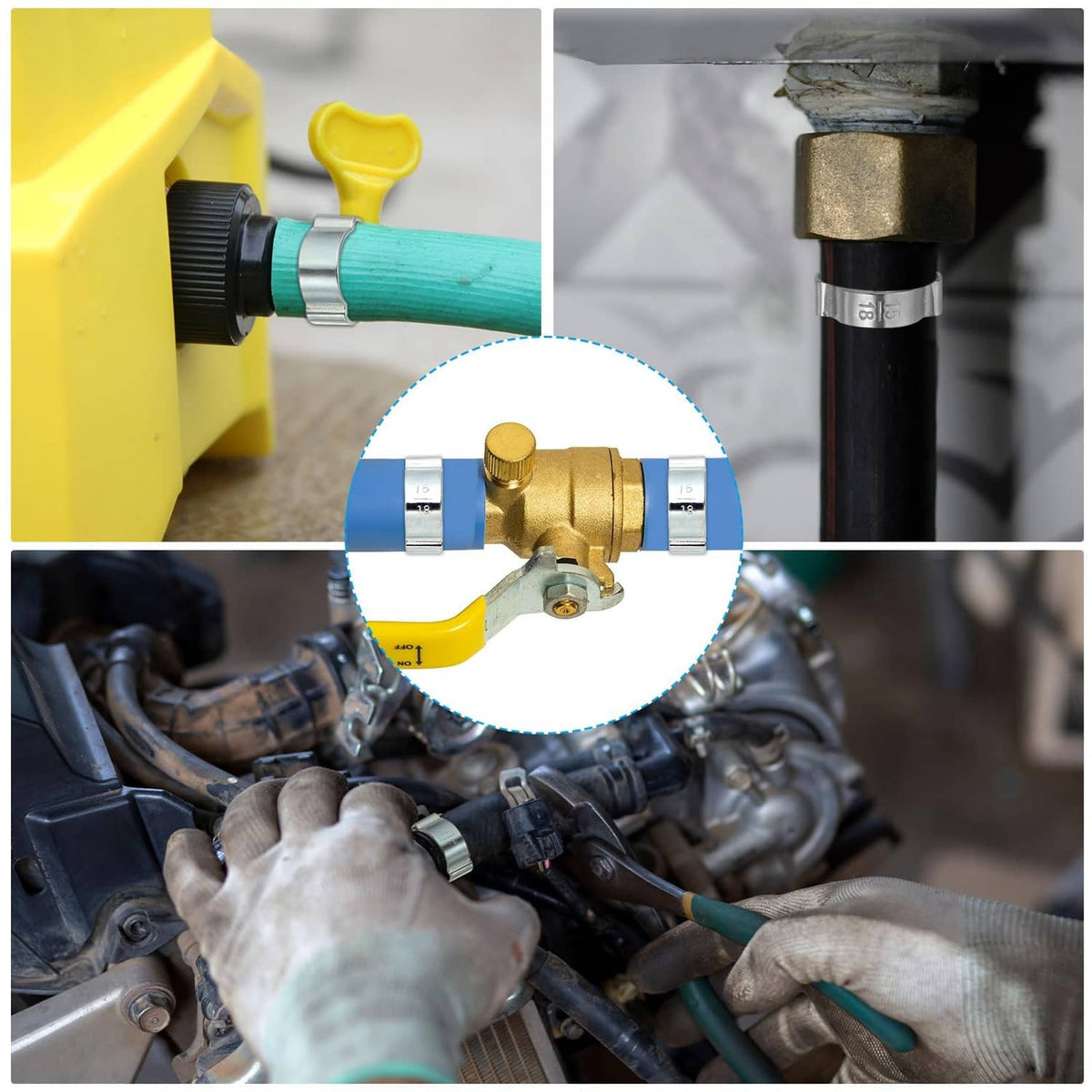 Silver double-ear hose clamp on an engine hose connection