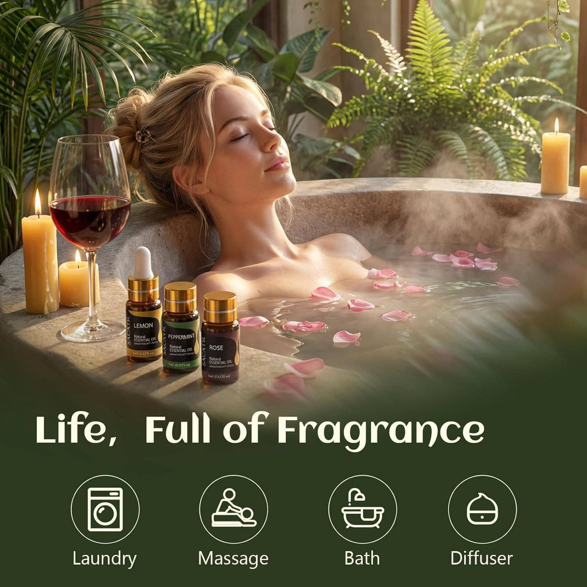 Essential oil bottles with gold caps on table near candle, rose petals, and diffuser icons