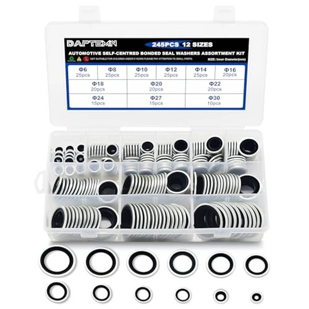 Bonded sealing washer assortment kit in clear case with mixed black seal washers