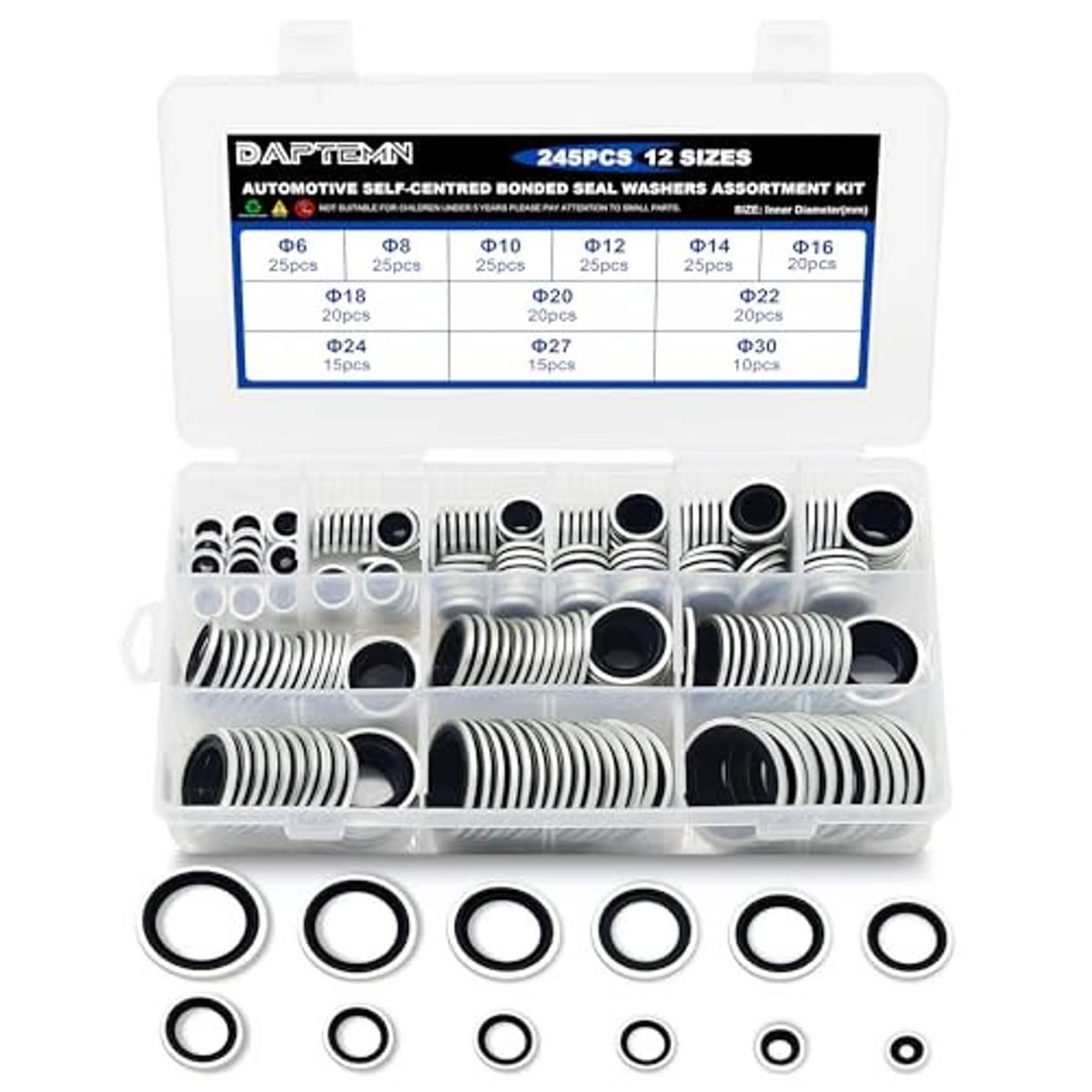 Bonded sealing washer assortment kit in clear case with mixed black seal washers