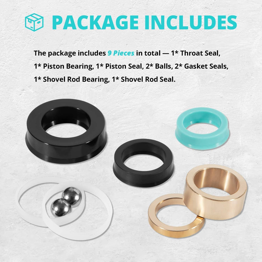 Pump repair kit package includes black seals, teal gasket, brass bushings, and steel ball