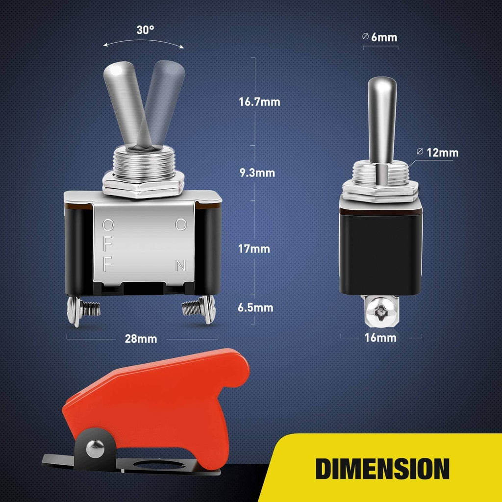 Red rocker toggle switch with silver lever and black housing, with size details