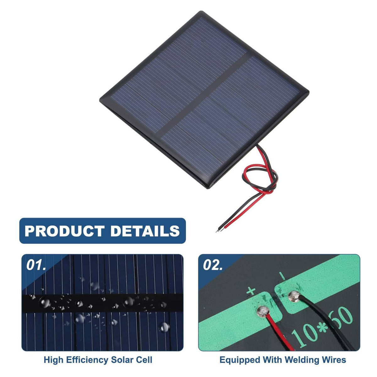 Small square black solar panel with red and black wires attached