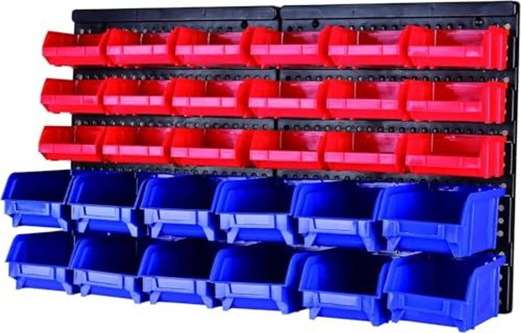 Maxworks 80694 30-bin wall-mount parts rack with red and blue plastic bins.