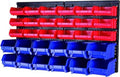 Maxworks 80694 30-bin wall-mount parts rack with red and blue plastic bins.