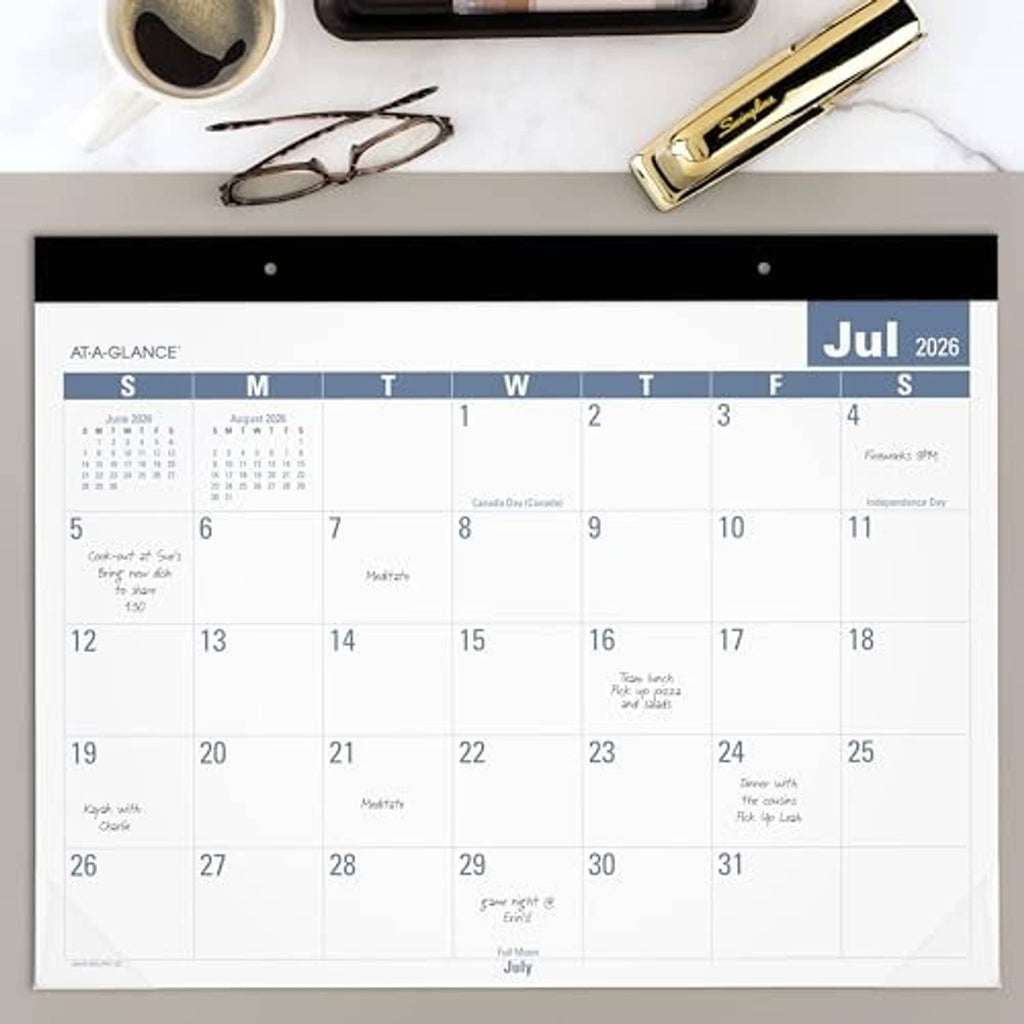 Desk monthly calendar planning pad showing July 2026 month grid on white pages
