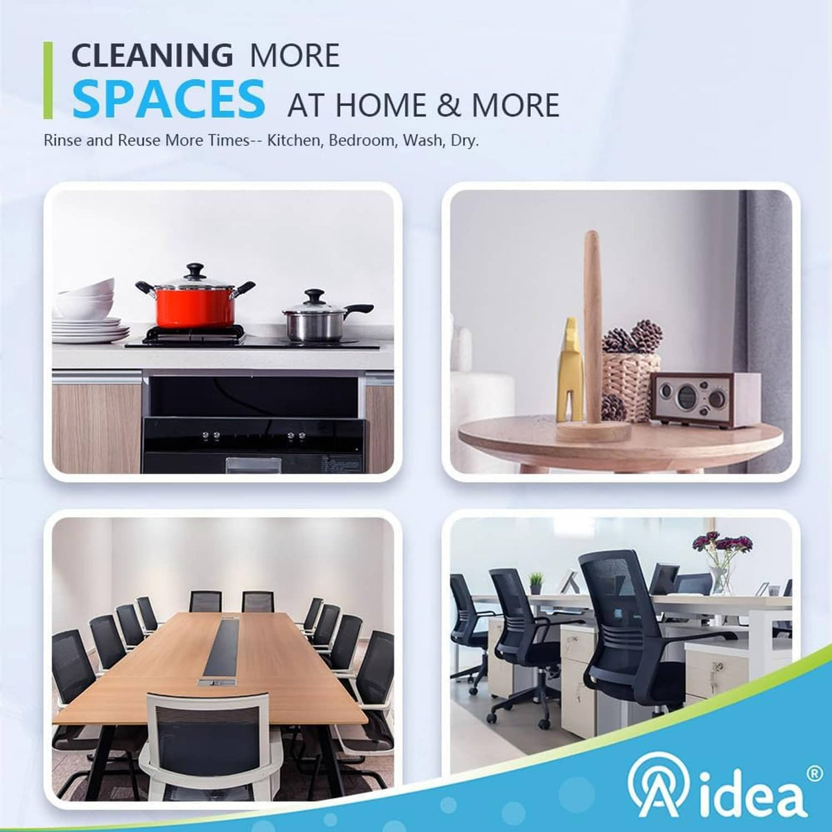 Blue reusable cleaning cloths shown in a multi-room cleaning display panel.