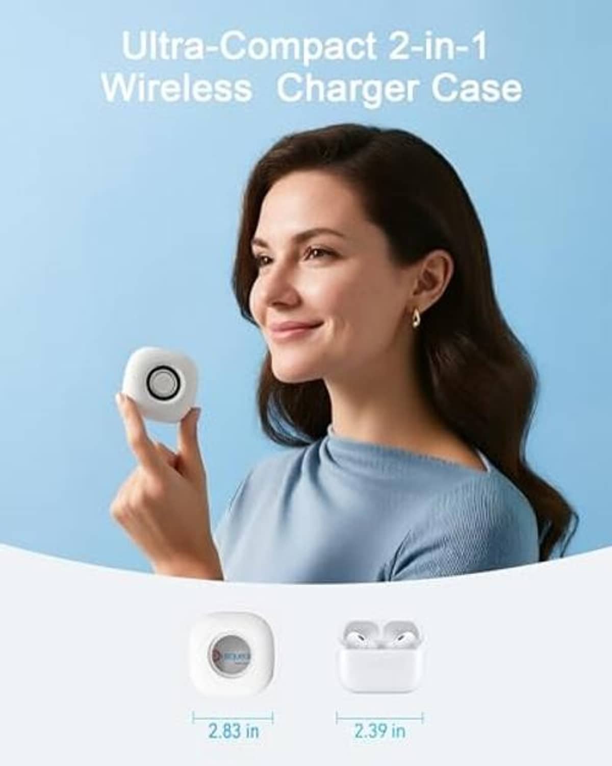 White ultra-compact wireless charging case with circular power button, pocket size