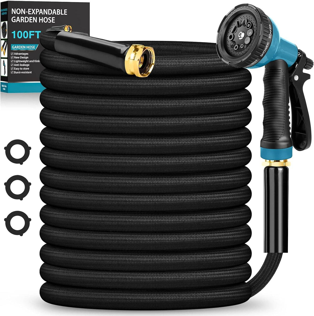 Black non-expandable garden hose set with blue sprayer nozzle and brass connectors