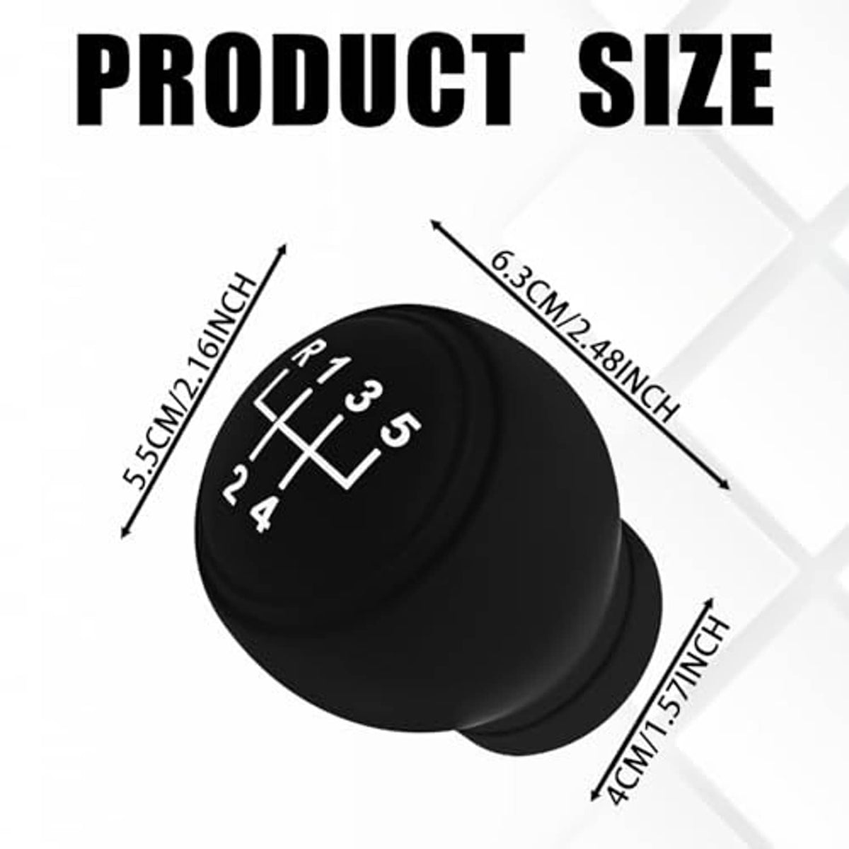 Black silicone gear shift knob cover with 5-speed shift diagram and size lines