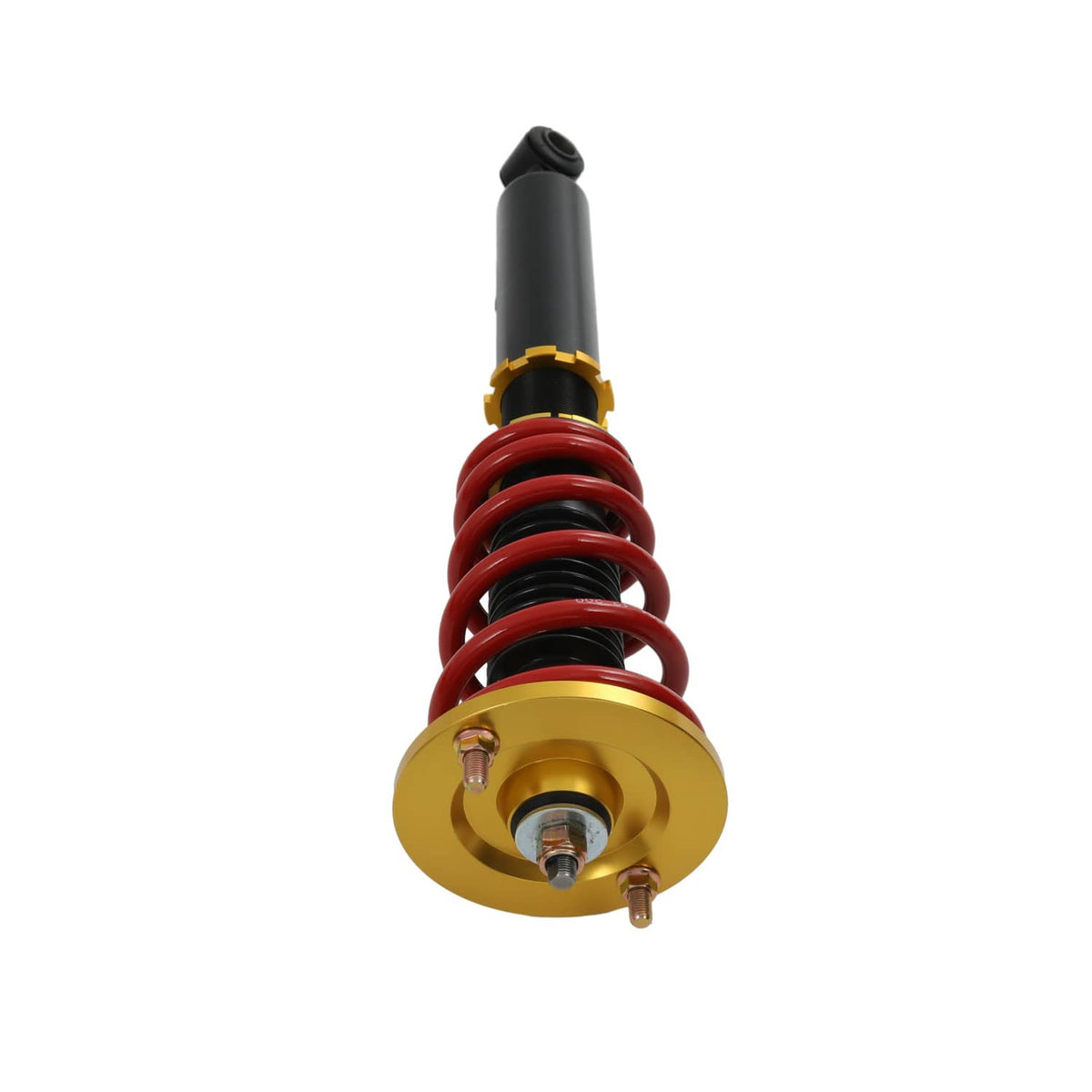 Single coilover shock with red spring and gold top mount plate