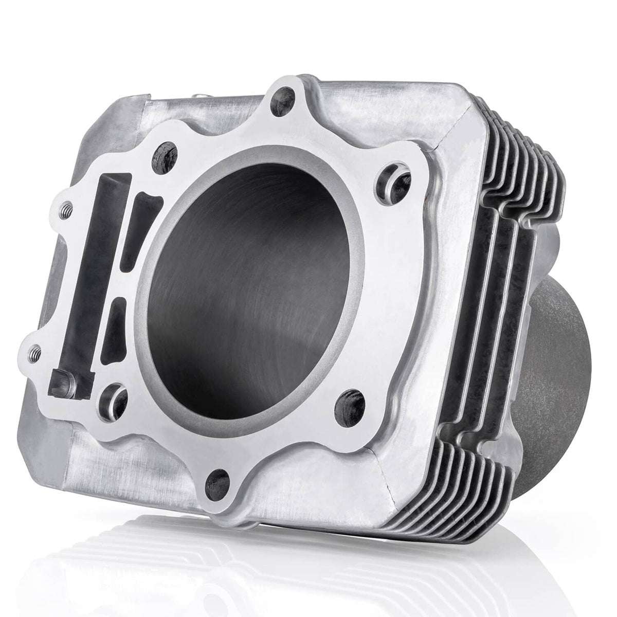 Aluminum cylinder block with circular bore opening and cooling fins, mounting plate