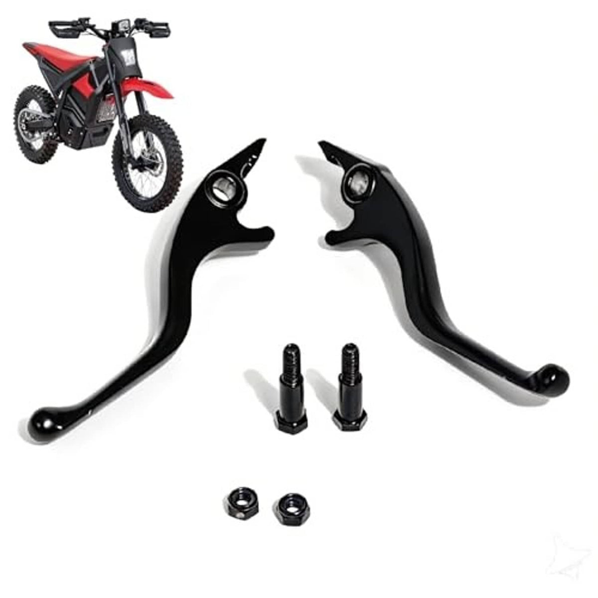 Black ebike brake lever set with screw adjusters, screws, and mounting nuts