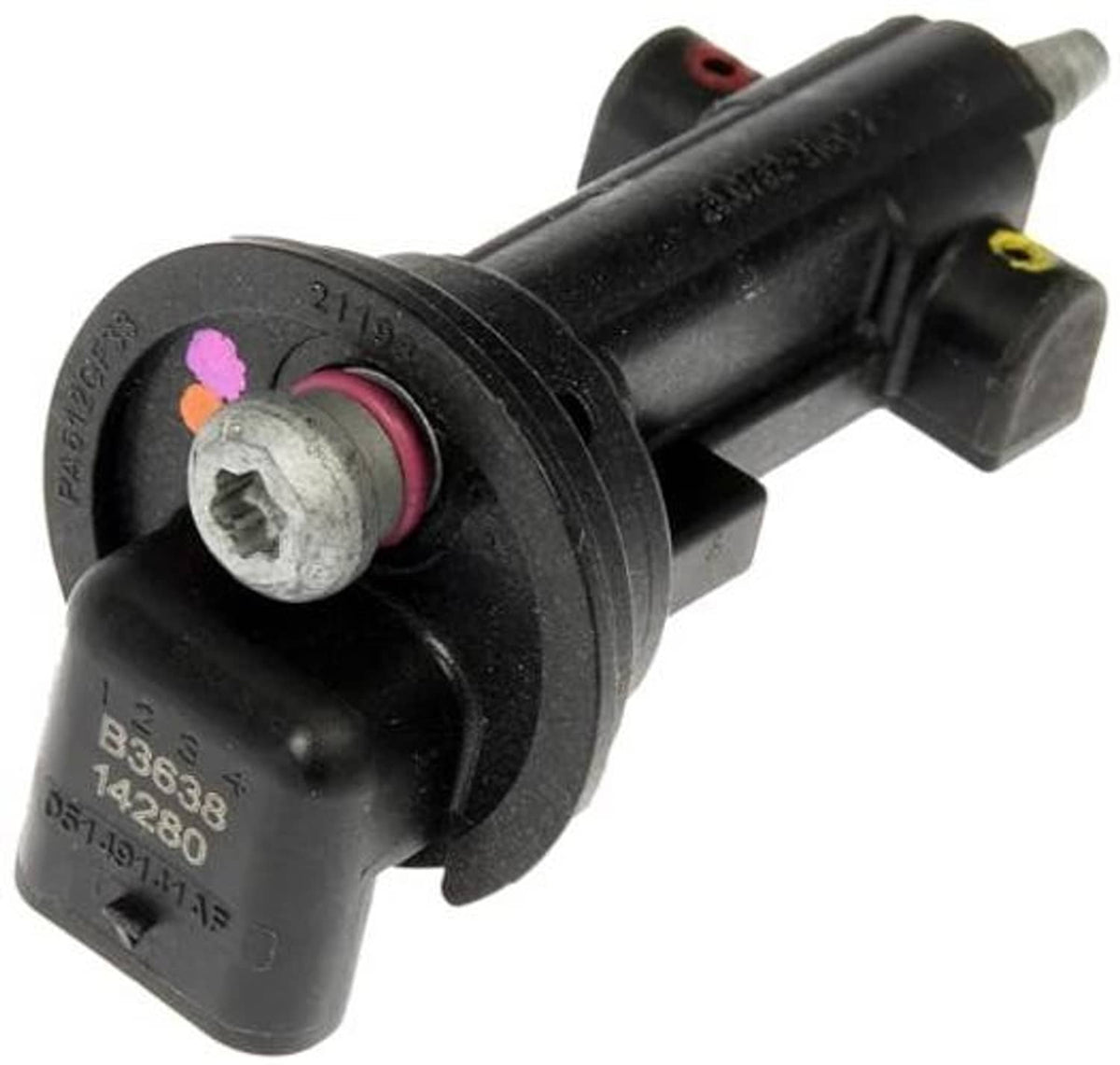 Engine camshaft position sensor with circular sensor face, black housing, and red port