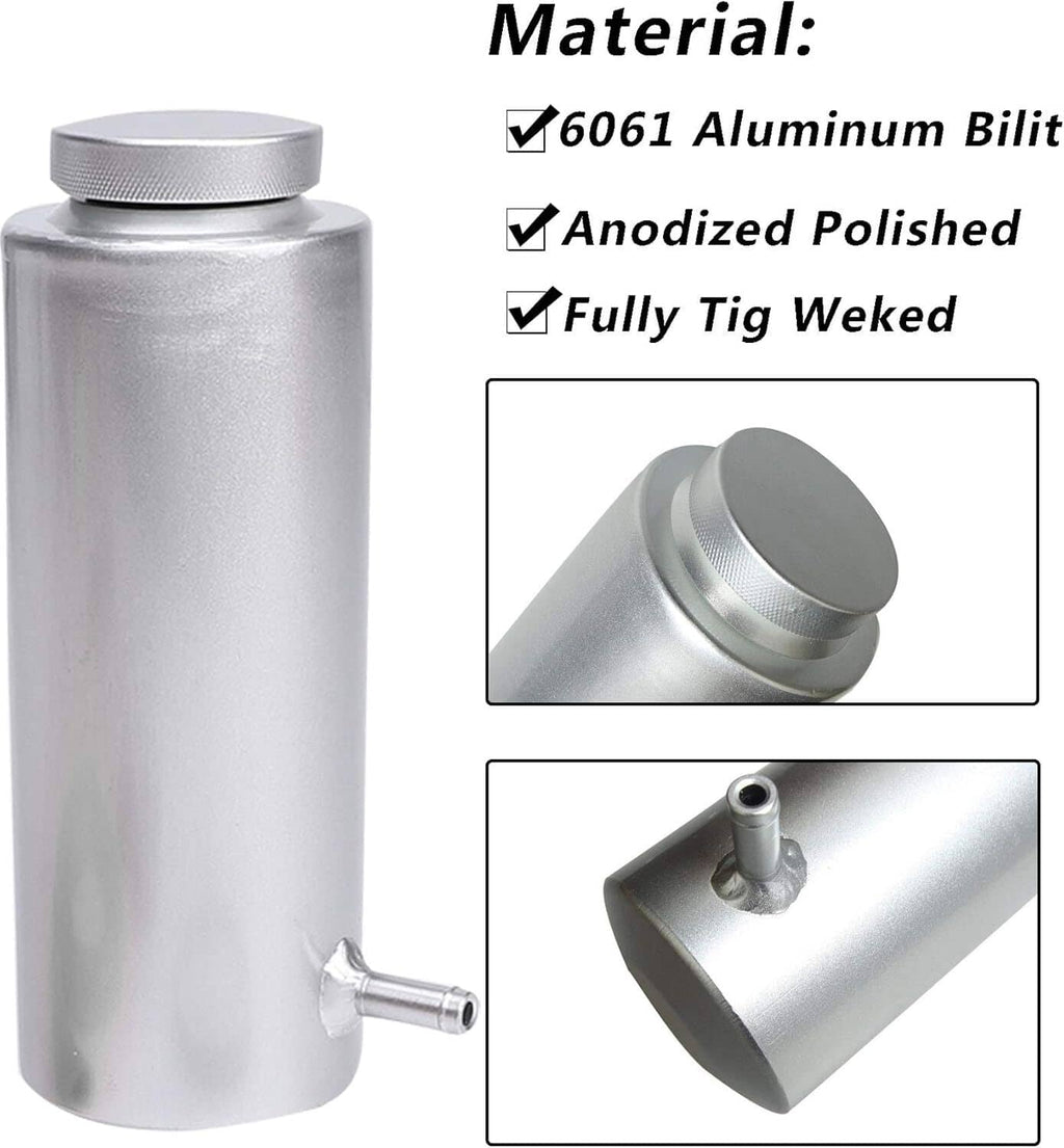 Silver aluminum coolant catch tank with threaded outlet and textured cap