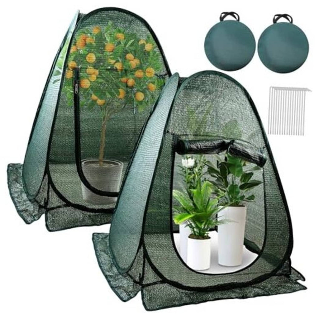 2-piece pop-up plant shade tents, dark green mesh covers with front zip openings