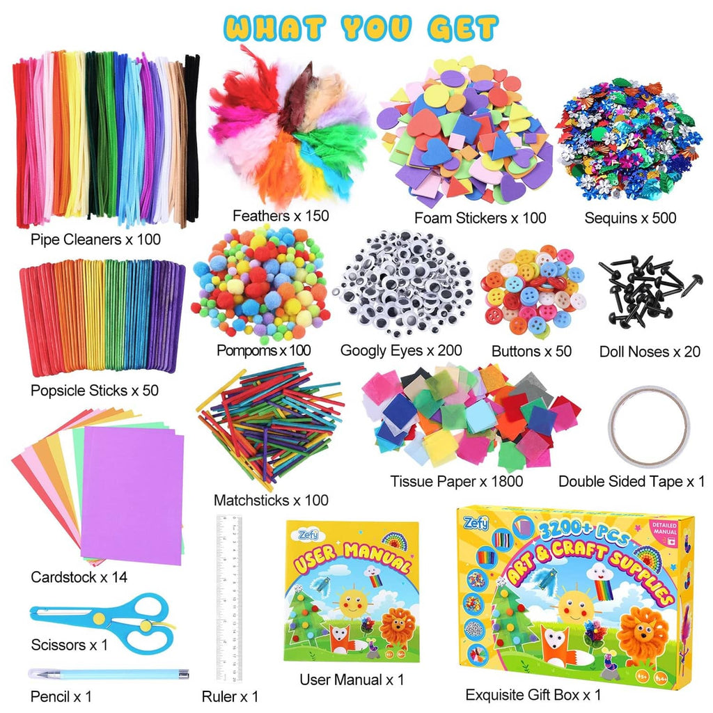 Kids craft supply kit contents layout: feathers, pom-poms, googly eyes, buttons, tape