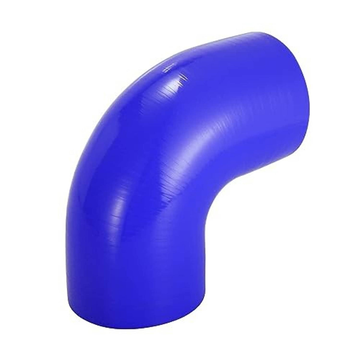 Blue 90-degree silicone hose elbow reducer with rounded bend and open ends.