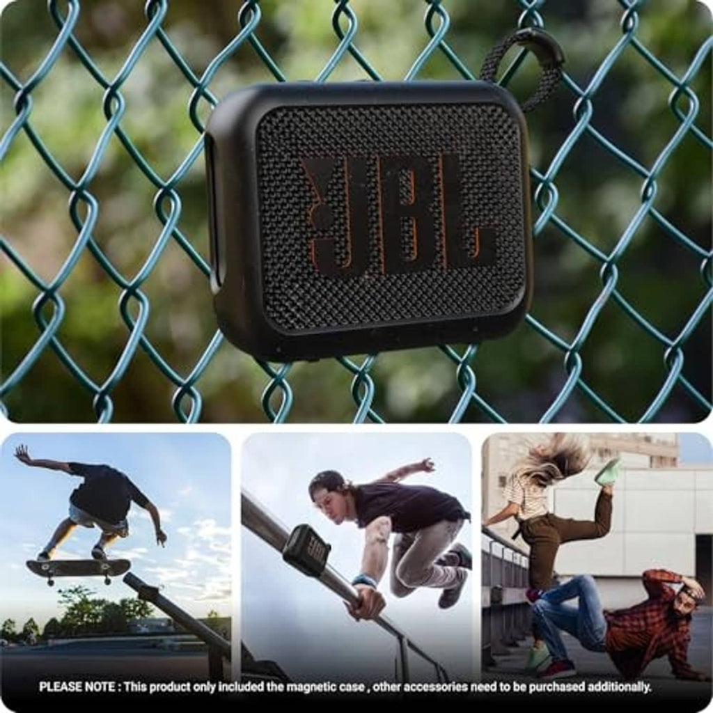 Dark silicone speaker case with textured grille front and hanging strap